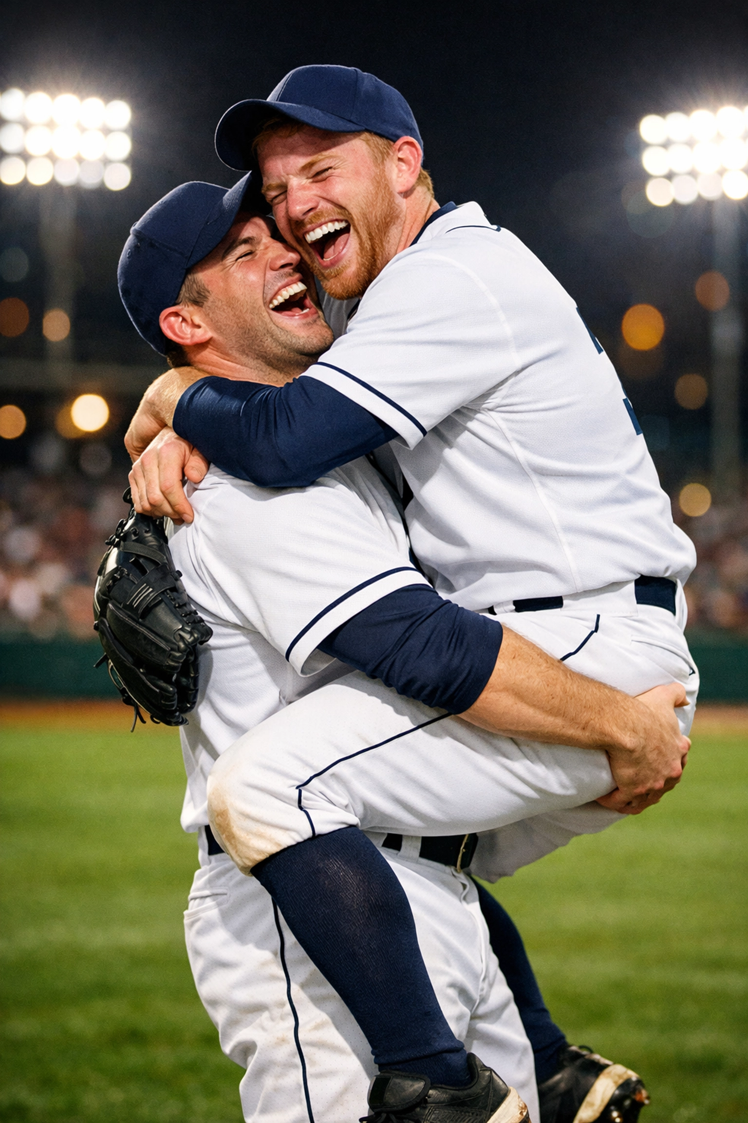 Two male baseball players embracing on the field to celebrate a victory, a scene of queer joy and heartfelt MM romance.