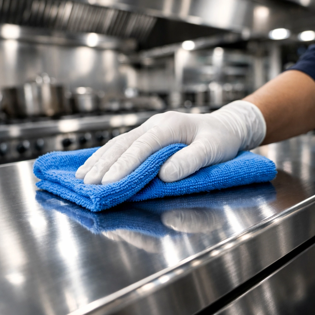 Professional commercial kitchen cleaning services polishing stainless steel surfaces in Annapolis restaurant