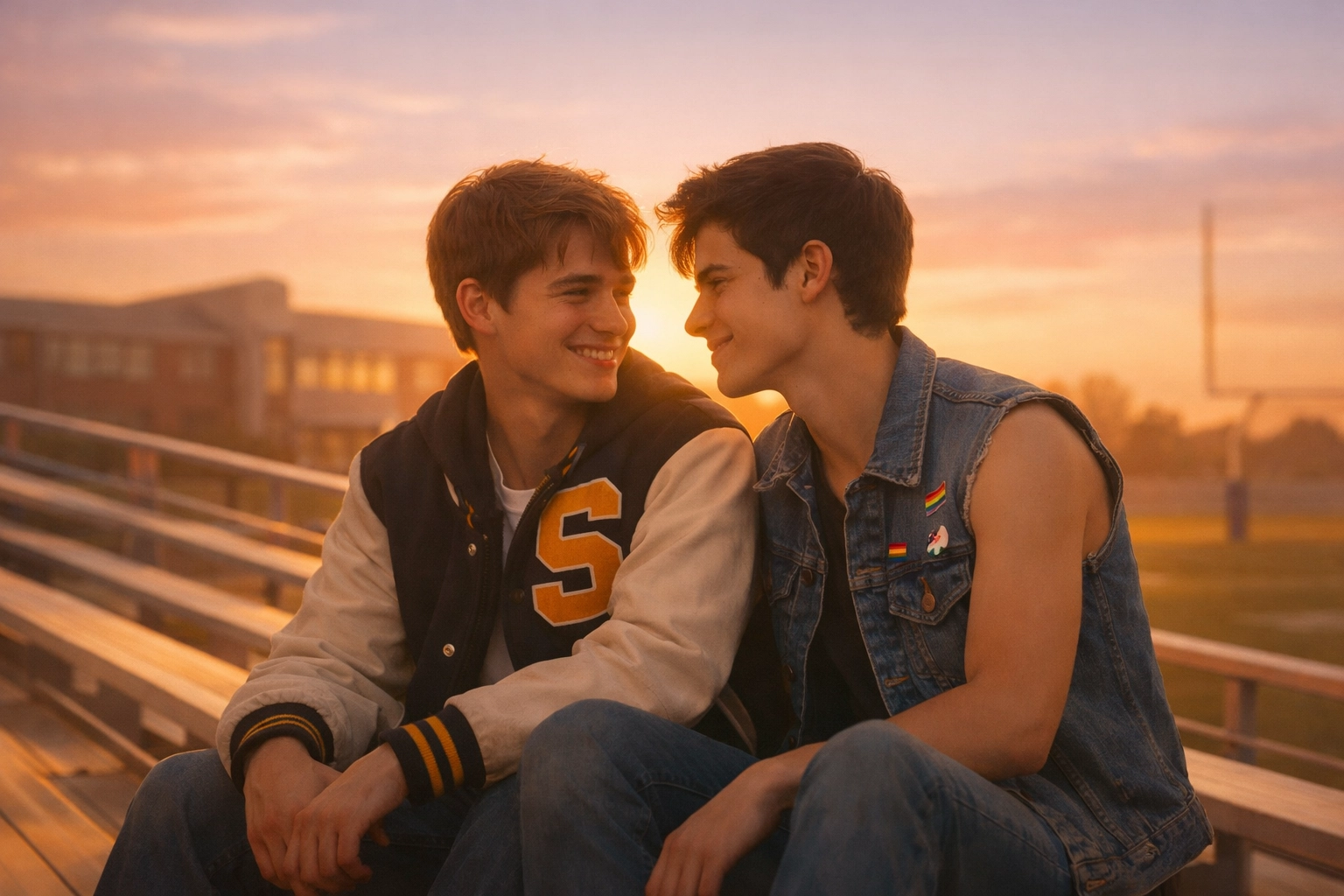 Two teenage boys sharing a romantic moment on high school bleachers, a classic scene from queer YA gay romance books.