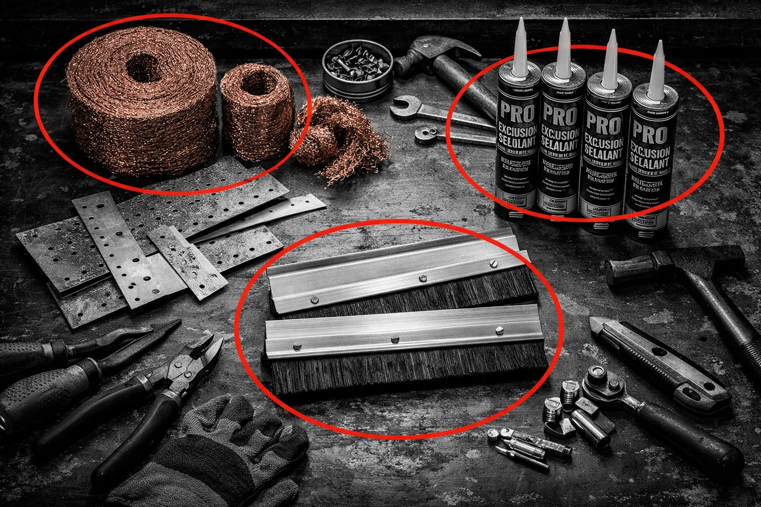 Professional pest exclusion materials including copper mesh and commercial sealants