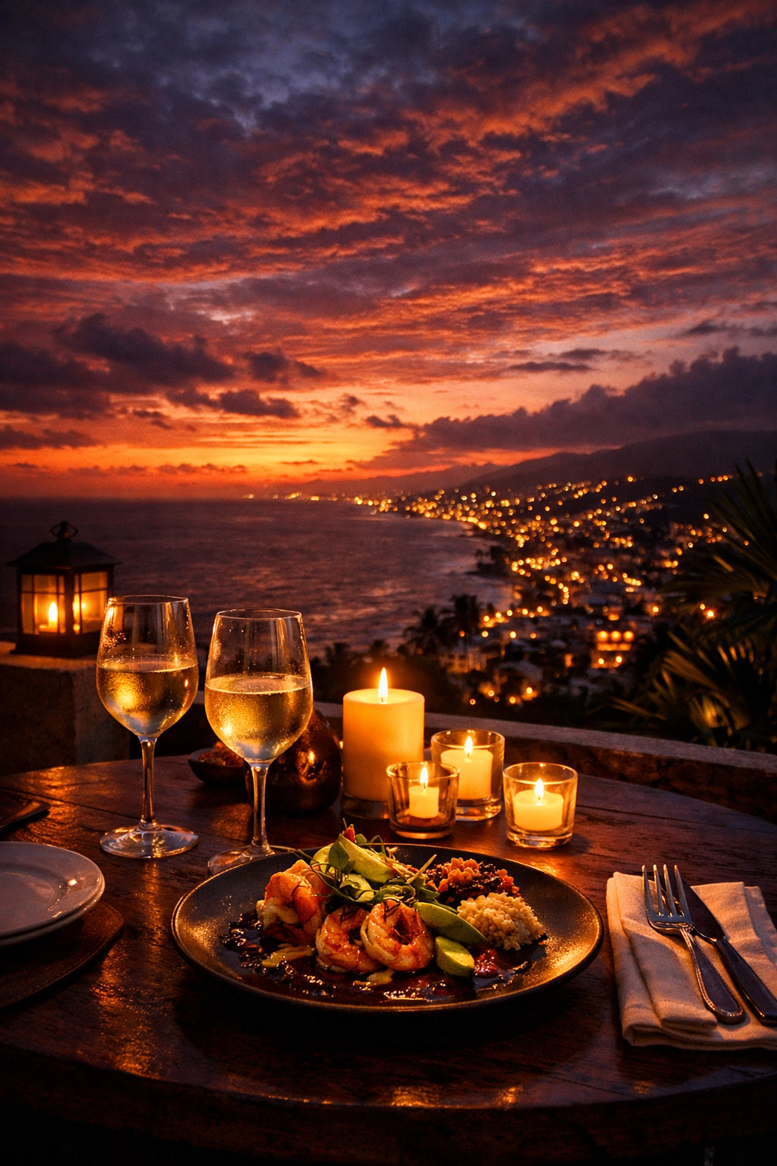 Romantic candlelit dinner for two on a private terrace in Amapas overlooking the Pacific Ocean at sunset.