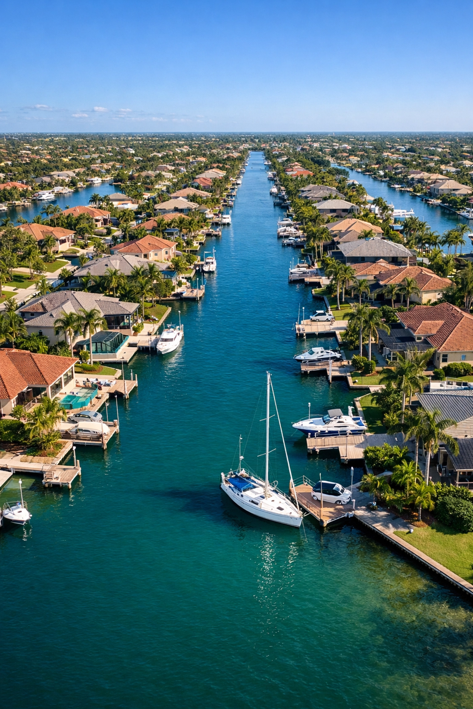 Aerial view of Southwest Cape Coral waterfront homes with boat docks along pristine canals