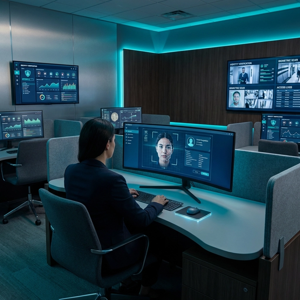 Modern security operations center displaying identity verification dashboards and biometric authentication systems for enhanced business security.
