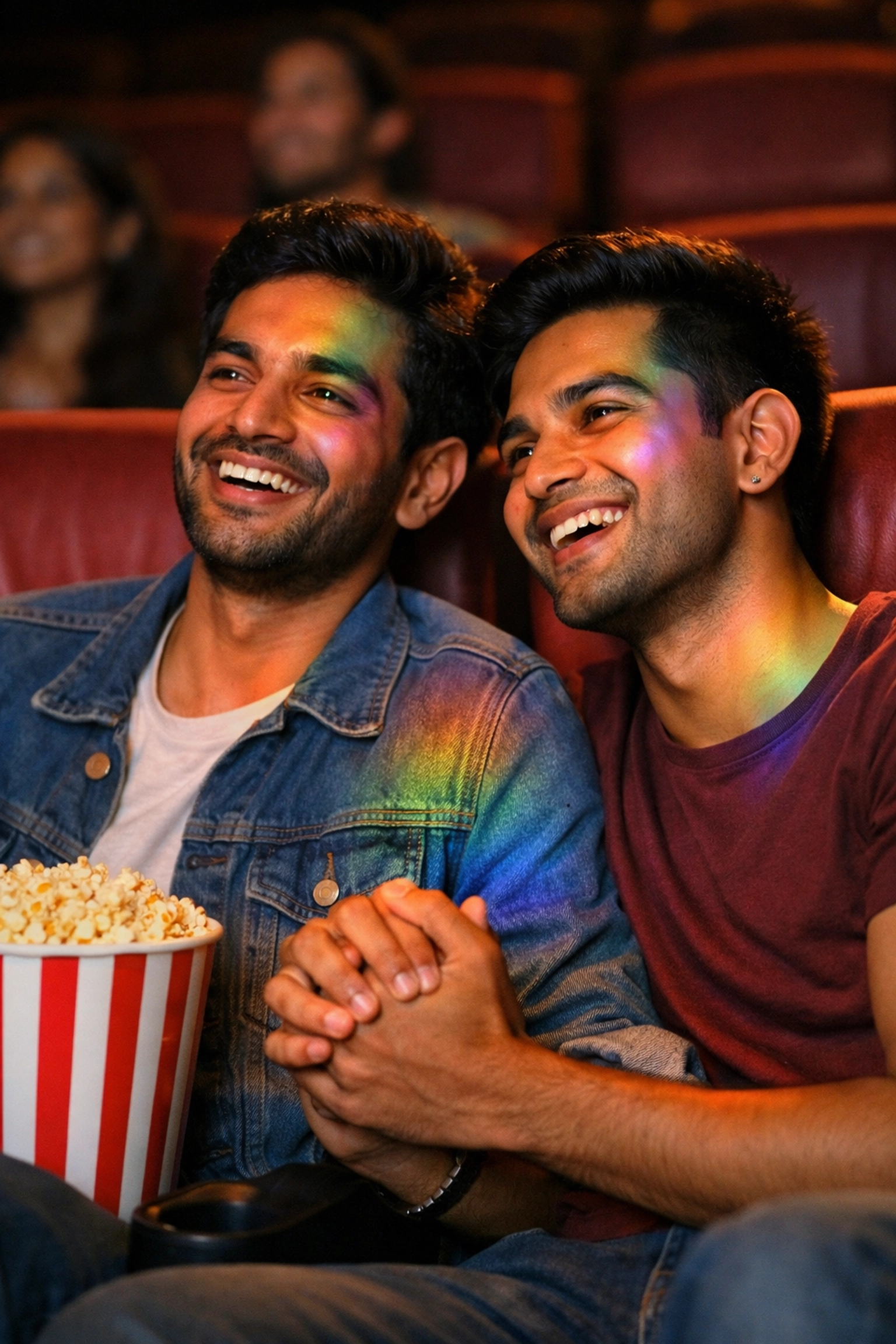 Indian gay couple holding hands at movie theater enjoying queer representation in cinema