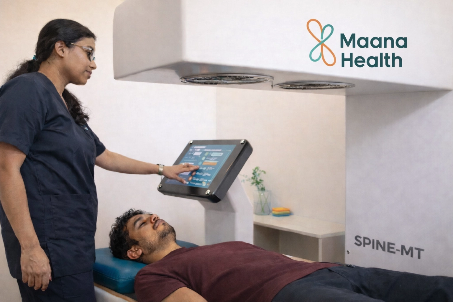 Maana Health specialist operates the Thera Master device for non-surgical spinal decompression therapy