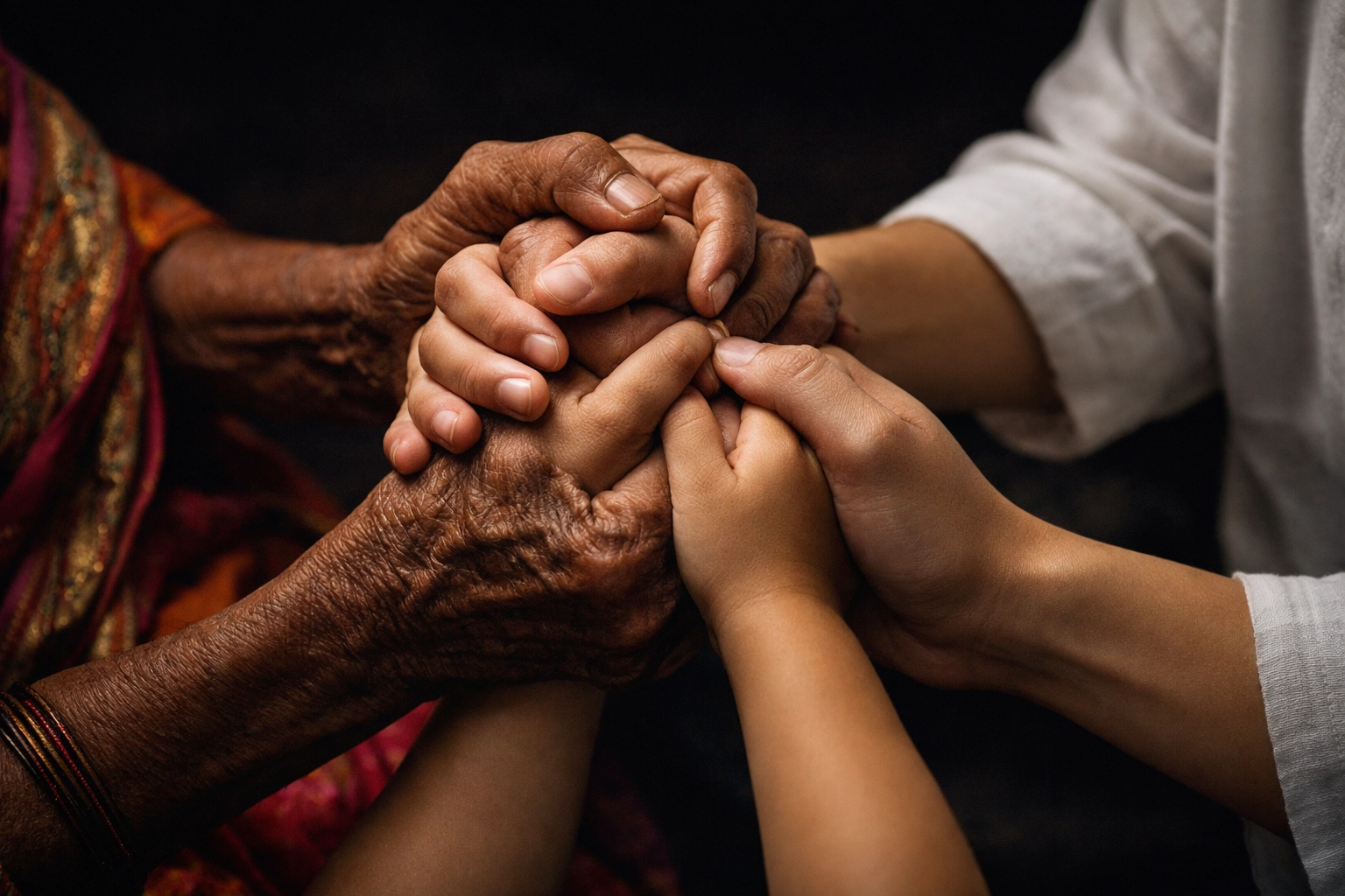 Indian family members joining hands in a private home prayer circle for religious unity.