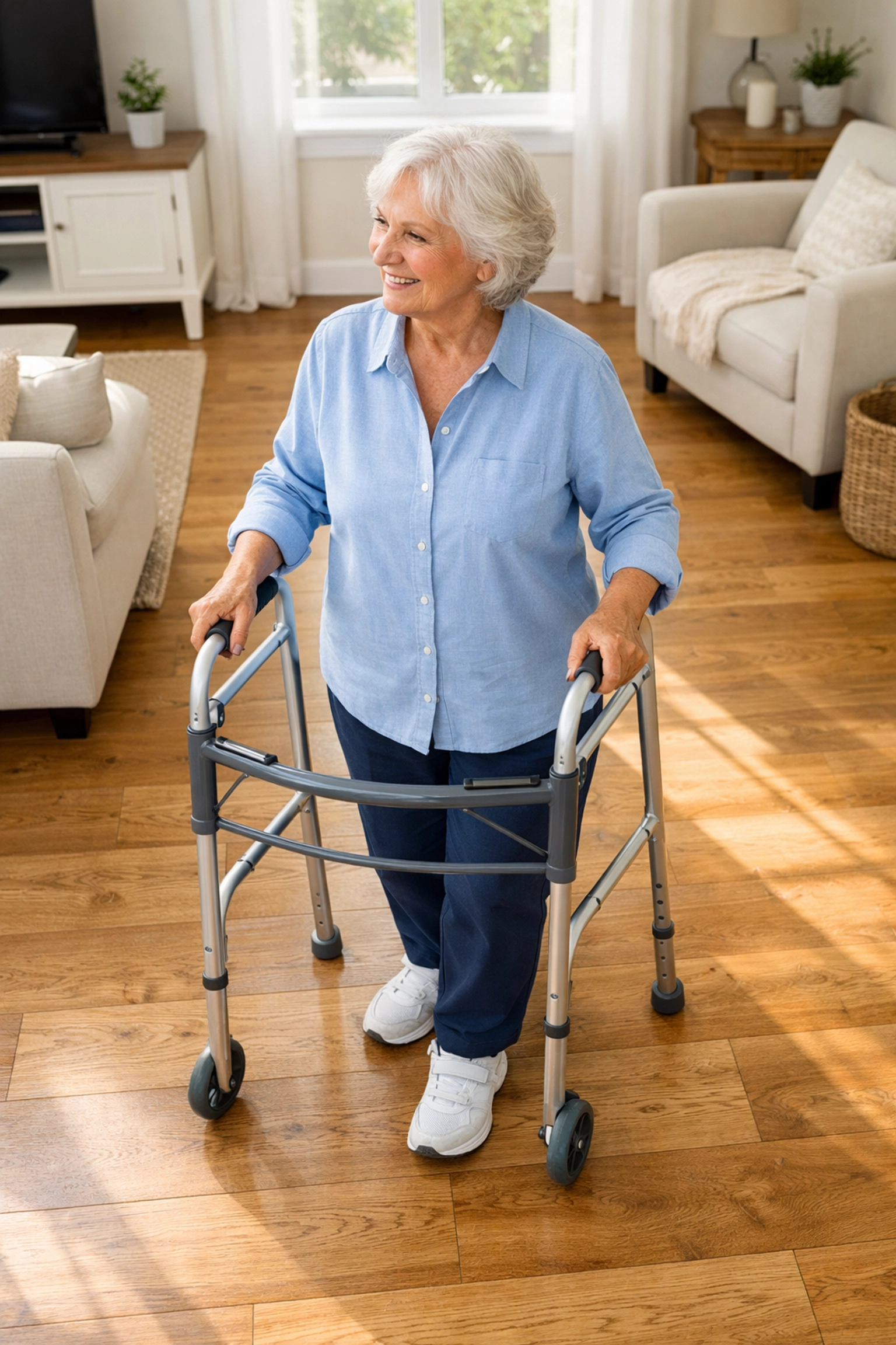 Senior woman using small steps to turn safely with a mobility walker.