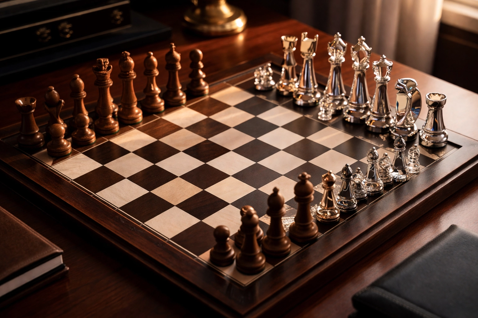 Chess board with classic and modern pieces facing off, highlighting strategic thinking in private equity investing.