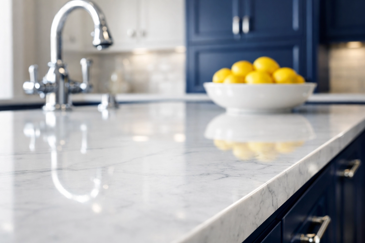 Spotless kitchen island with streak-free marble, showcasing high-end weekly house cleaning in Franklin MA.