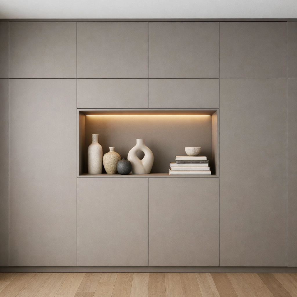 Minimalist custom cabinetry and smart storage solutions for a high-end Orlando home remodeling project.