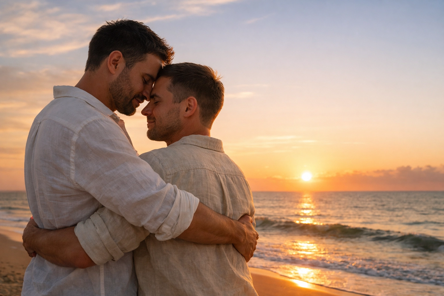 A gay couple embracing at sunrise on a beach, representing the path to freedom and new beginnings in MM romance.
