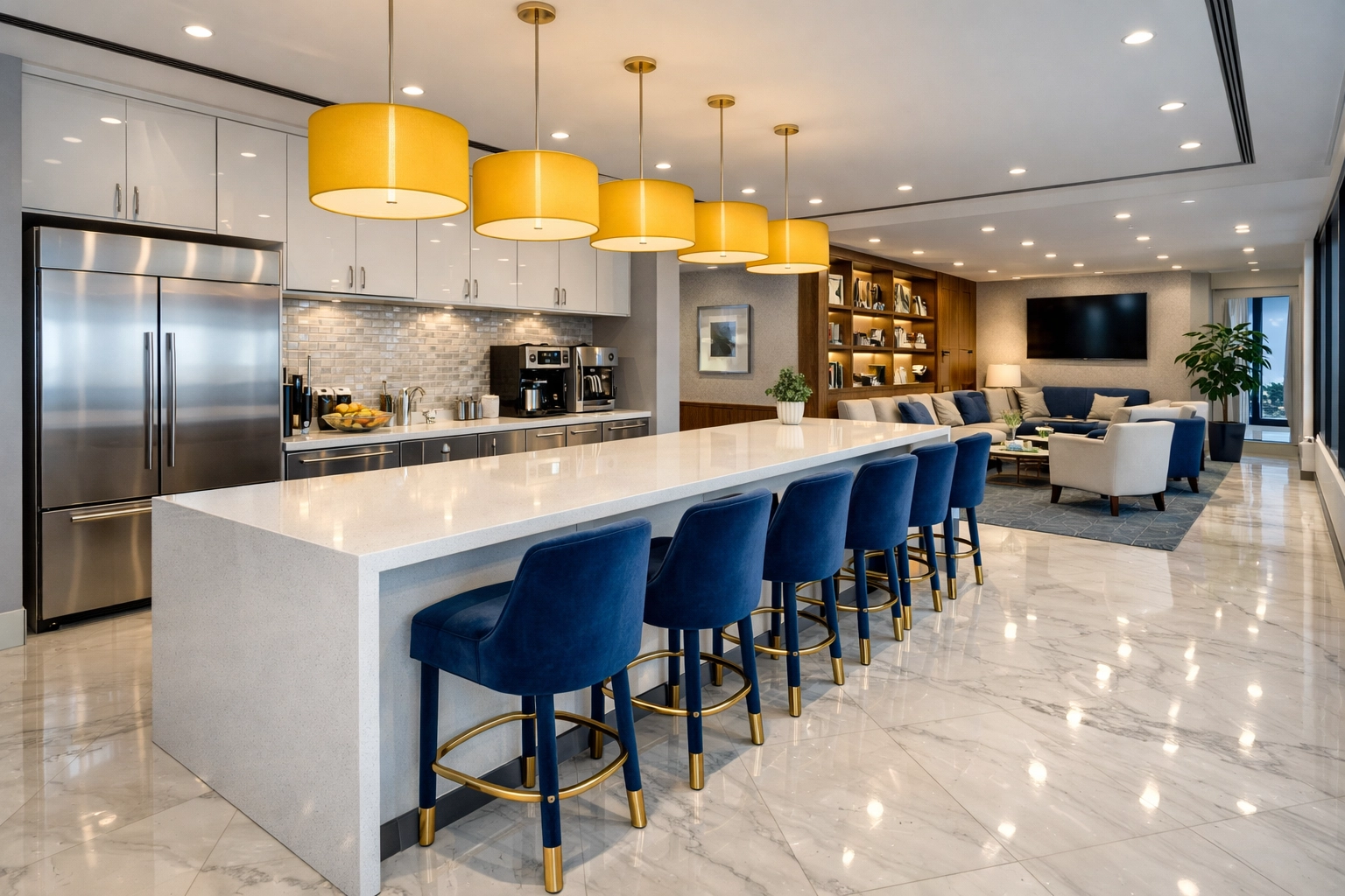 An impeccably clean office breakroom in Hudson with sanitized quartz countertops and stainless steel appliances.