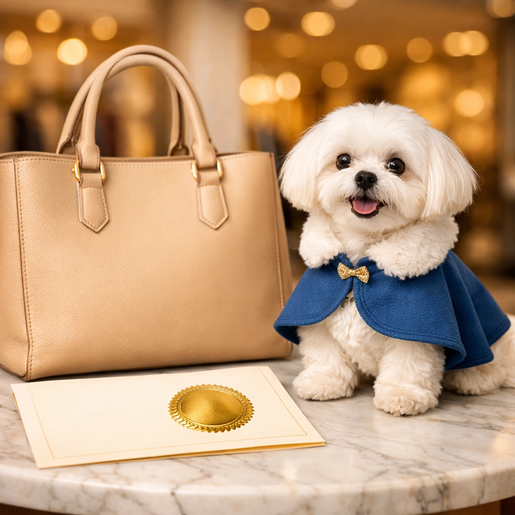 Daisy the Maltese dog with a luxury handbag and official professional authentication certificate.