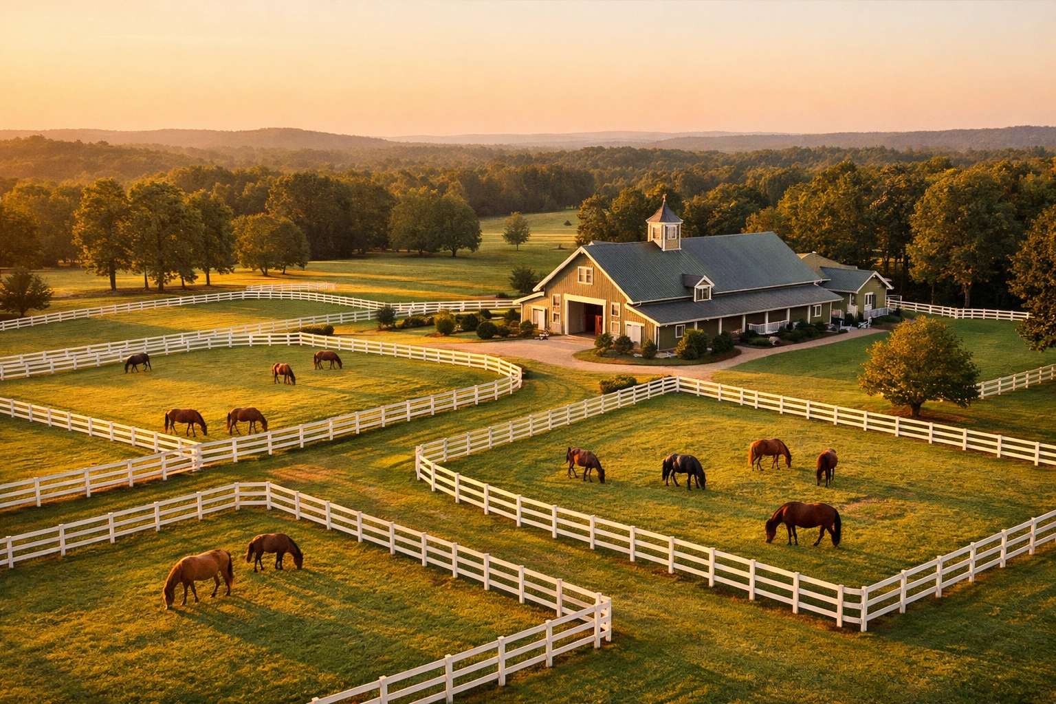 Aerial view of horse farm for sale in Waxhaw NC with white fencing and barn