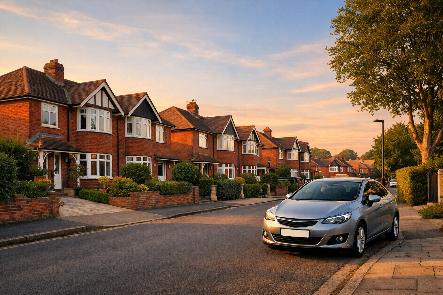 Peaceful Reading residential street with red-brick houses, highlighting a safe community environment.