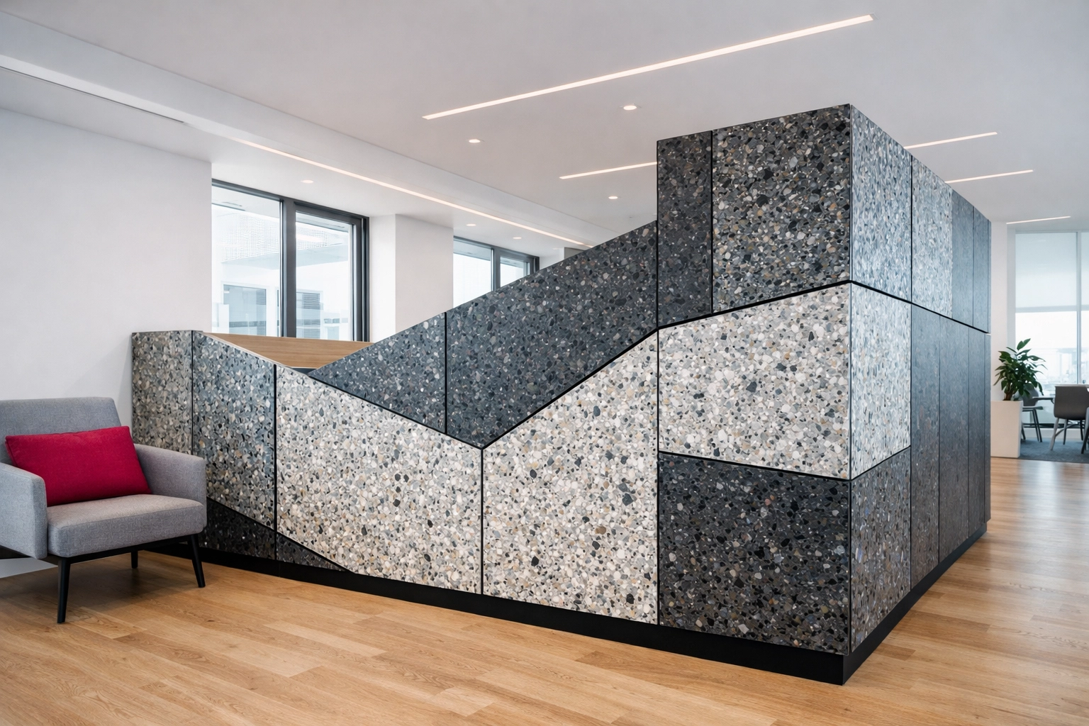 Sustainable commercial office interior featuring partitions made from recycled plastic panels.