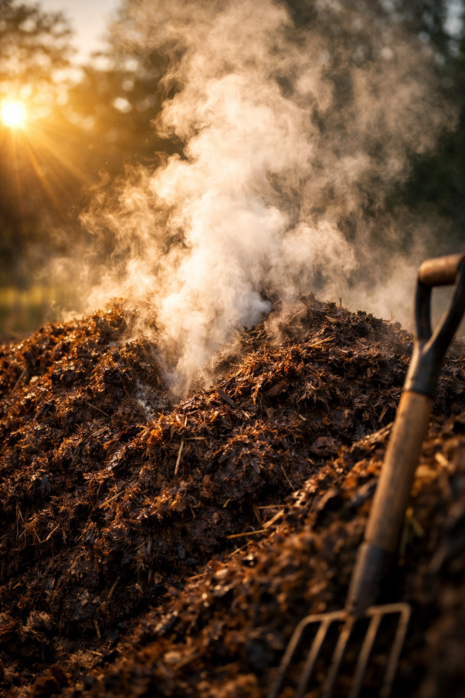 Steaming thermophilic compost pile showing active microbial respiration for Bio-Complete living soil.