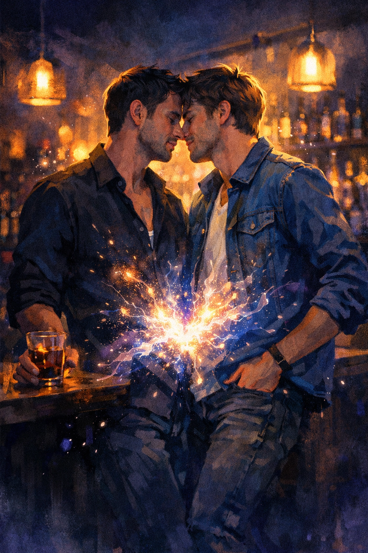 Two men standing close in bar, electric physical chemistry and magnetic attraction between them