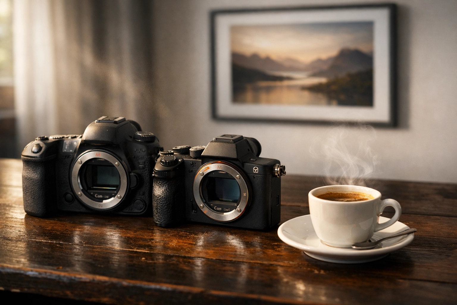 Professional camera gear and Cuban coffee in a Miami office featuring fine art photography prints.