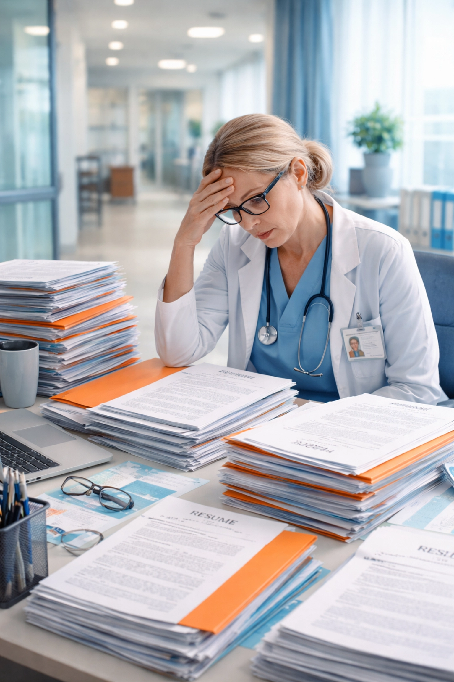 Overwhelmed healthcare administrator struggling with traditional manual staffing paperwork at a medical office desk