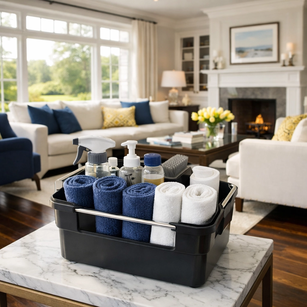 Professional house cleaning Ashby MA equipment in a spotless, modern New England living room.