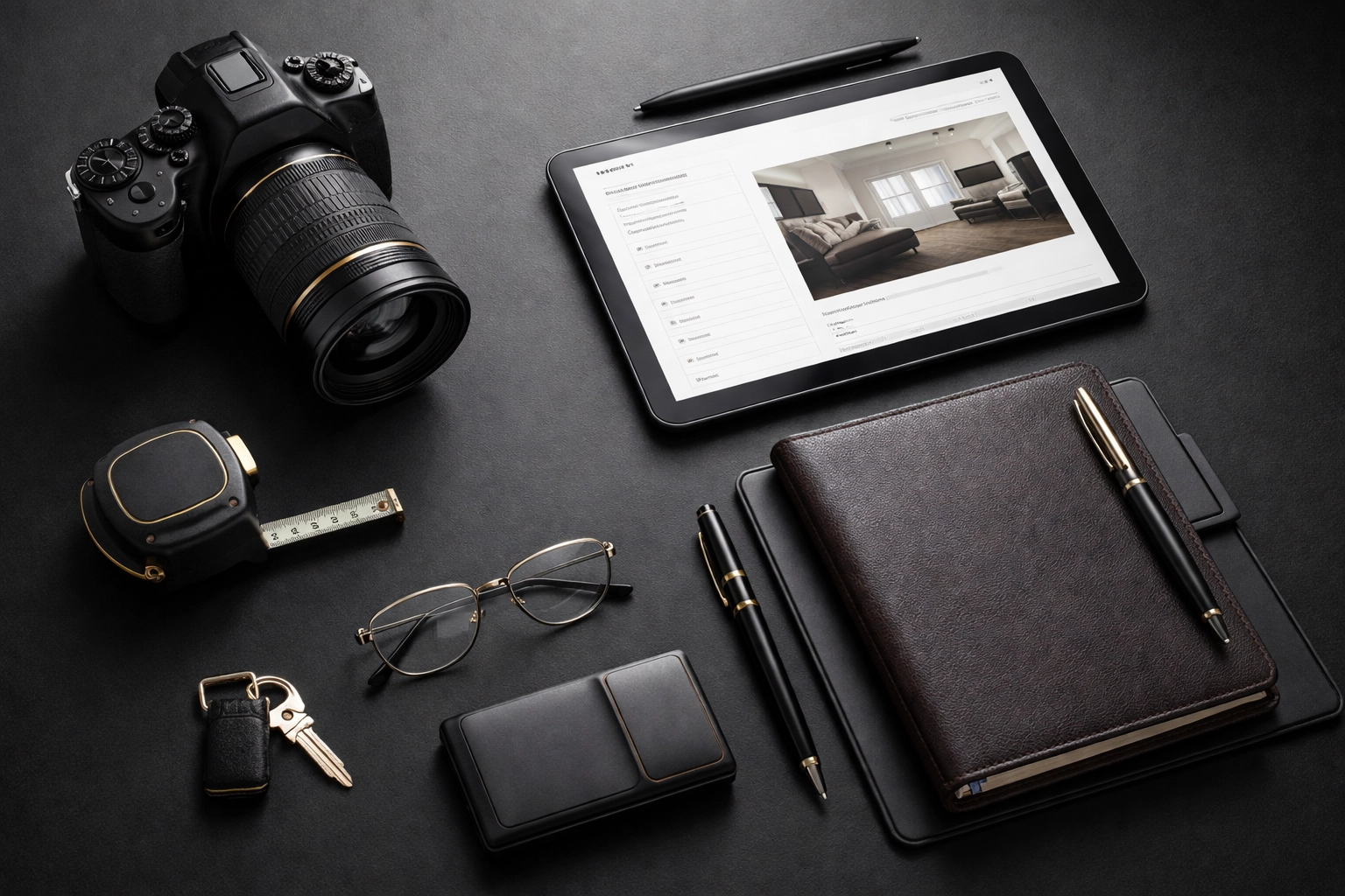 Professional inventory clerk toolkit with camera and measuring devices for property documentation