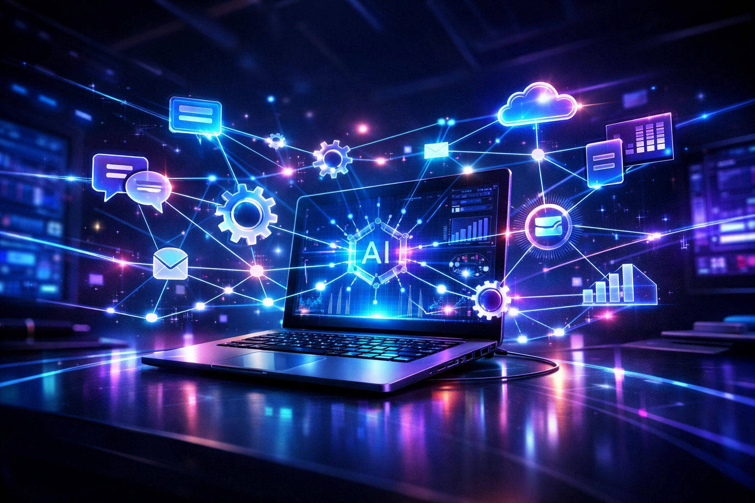 A digital network of icons representing automated AI workflows and cloud computing services on a laptop screen.