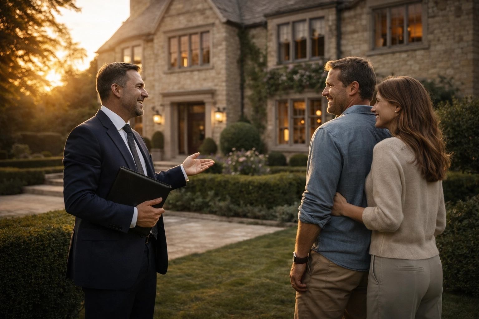 Dedicated property agent in Witney discussing a successful house sale with a happy couple.