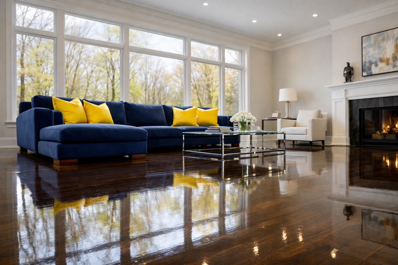 Sparkling clean luxury living room in Newton, MA, showcasing professional residential cleaning MA and organization.
