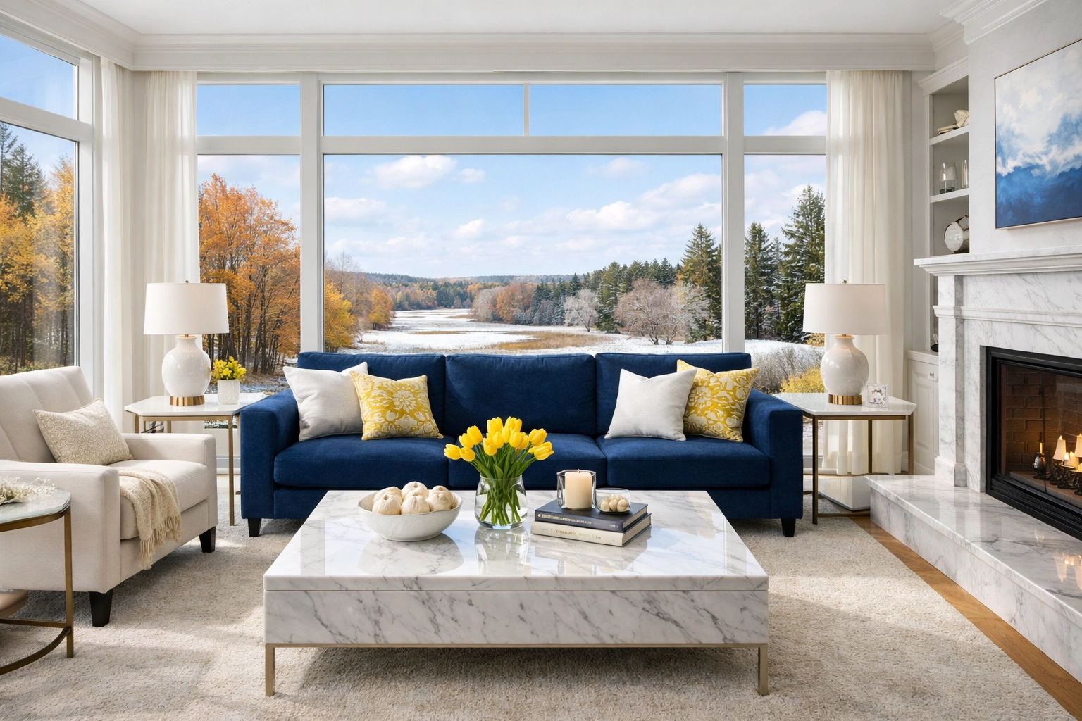 Sun-drenched Westborough living room after a professional deep cleaning to remove allergens.