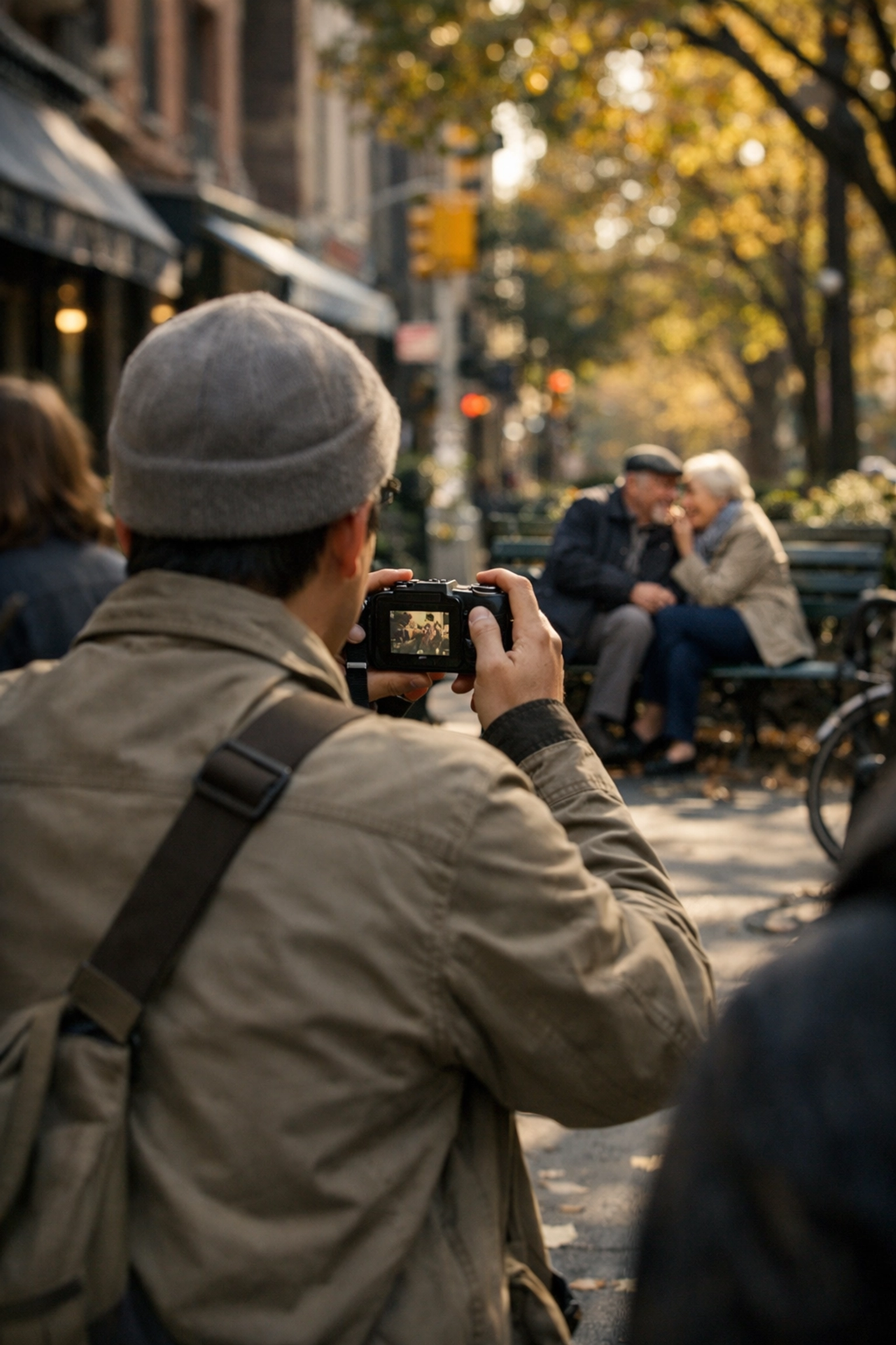 The Ultimate Guide to Authentic Candid Photography: Everything You Need to Succeed 1 Photographer using discreet gear for street photography in a bustling New York neighborhood.