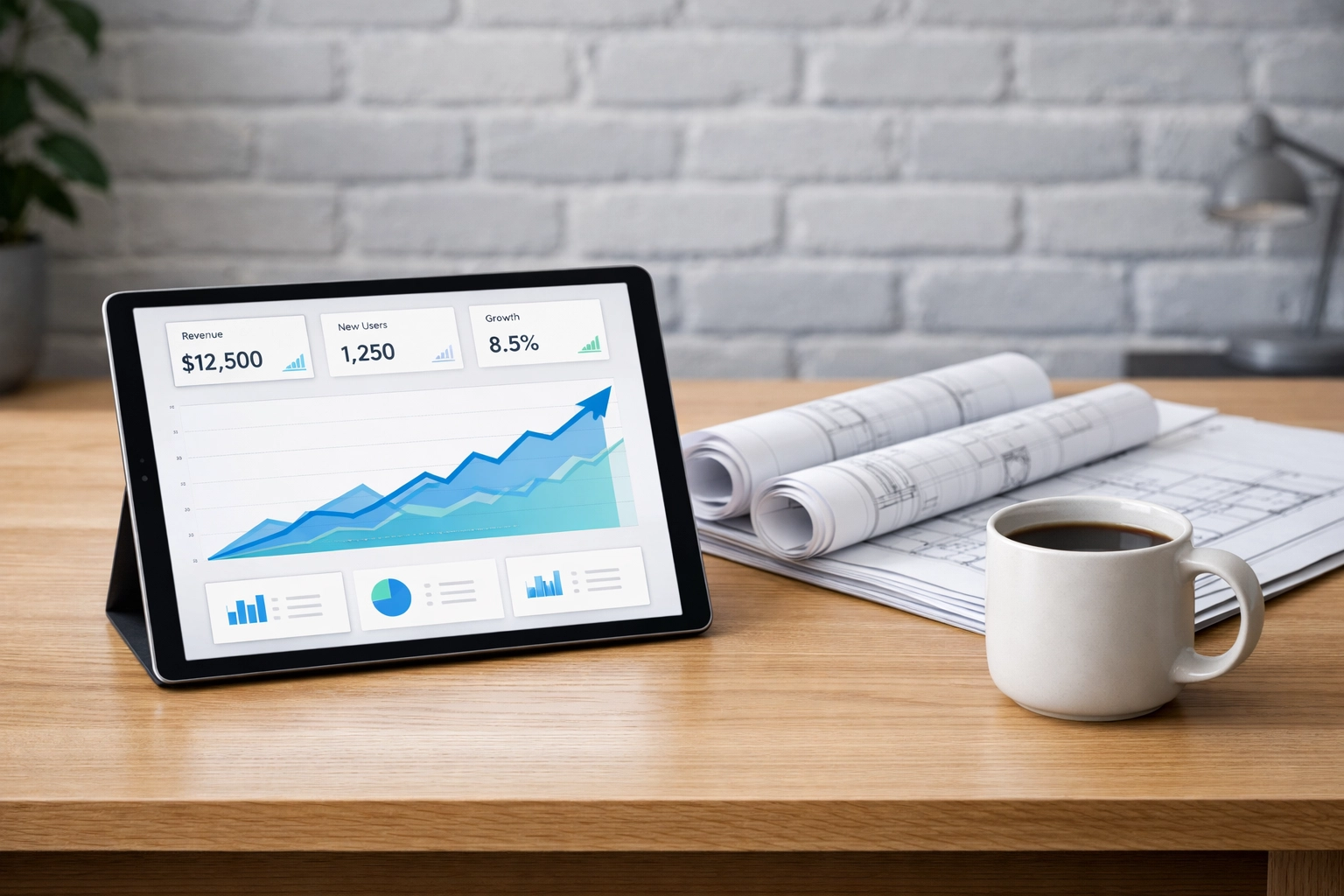 Modern workspace with a data dashboard illustrating business scalability and growth for buyers.