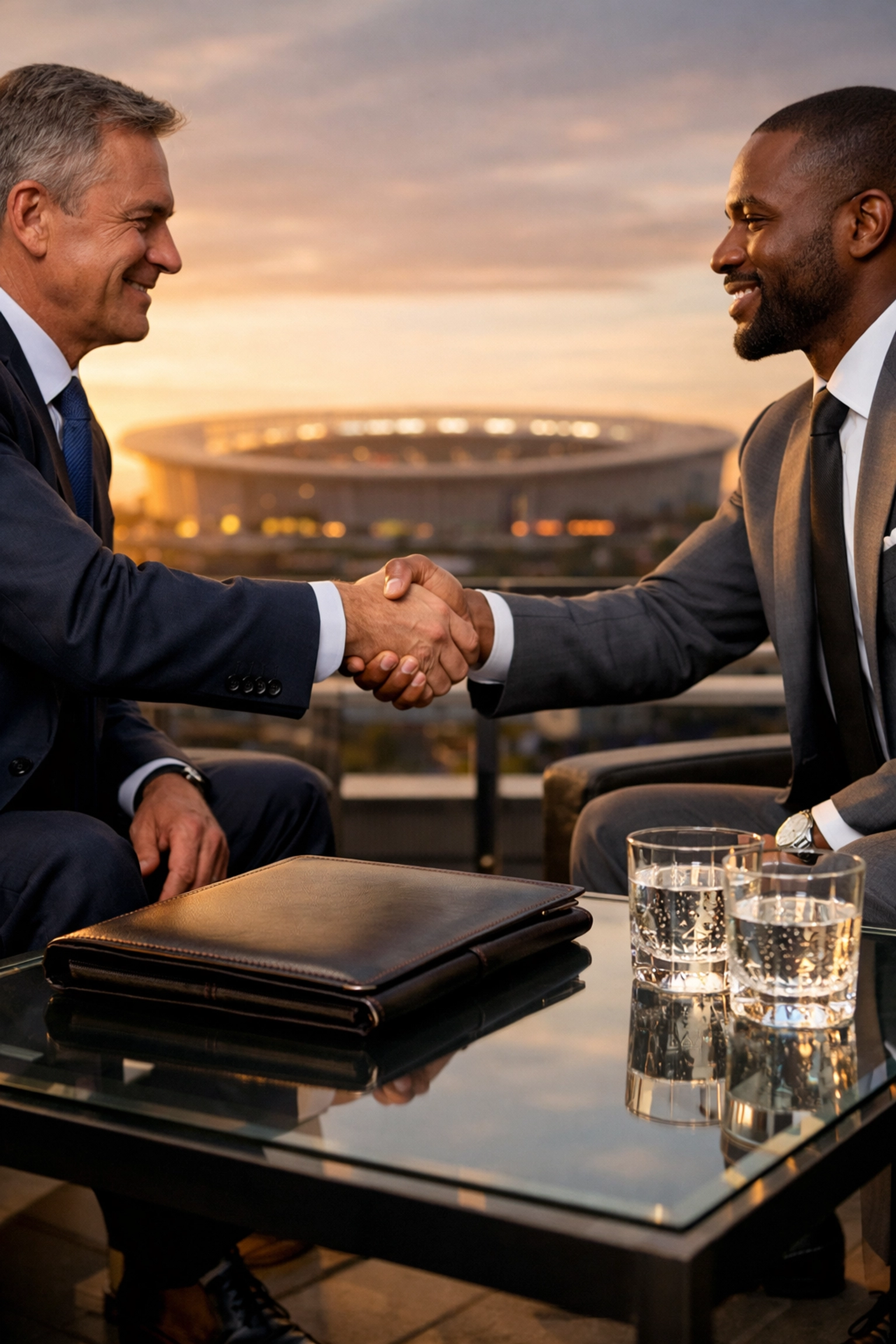 Professionals shaking hands on a luxury rooftop after closing high-value deals at the Super Bowl.