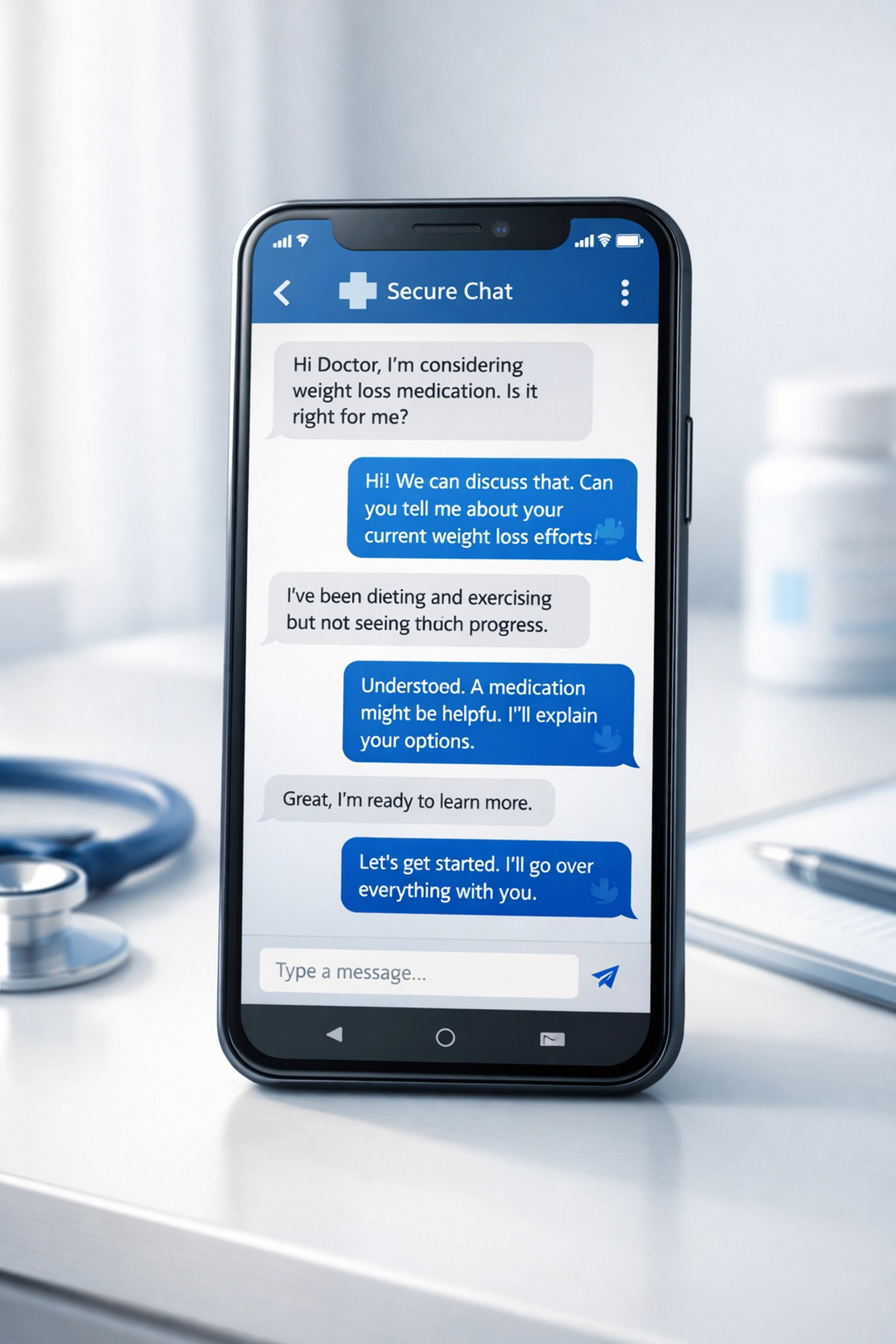 Smartphone displaying weight loss telehealth consultation via secure text messaging with doctor