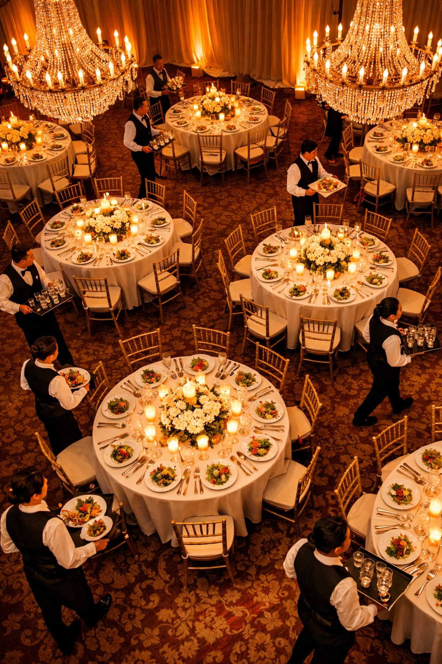 Elegant hotel banquet hall with professional event servers delivering guest experience