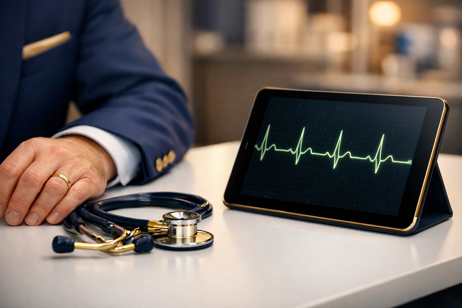 A tablet displaying an ECG heart rhythm trace next to a stethoscope for a cardiac medical review.