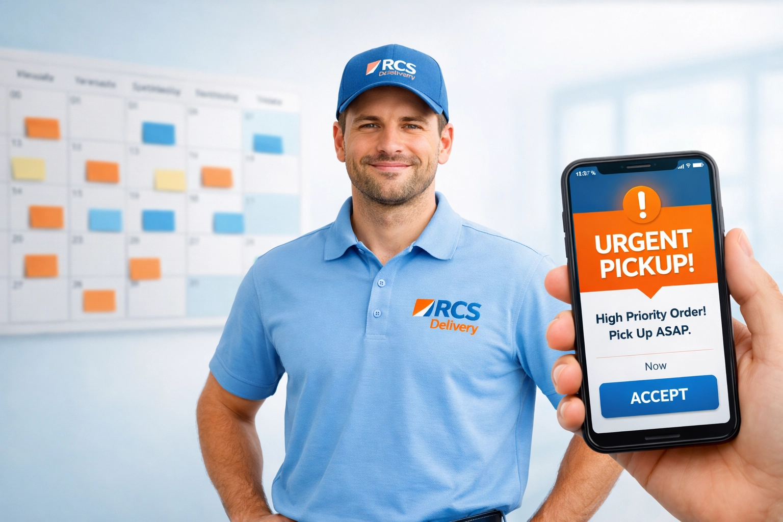 RCS Delivery courier choosing between scheduled routes on a calendar and urgent on-demand delivery requests.