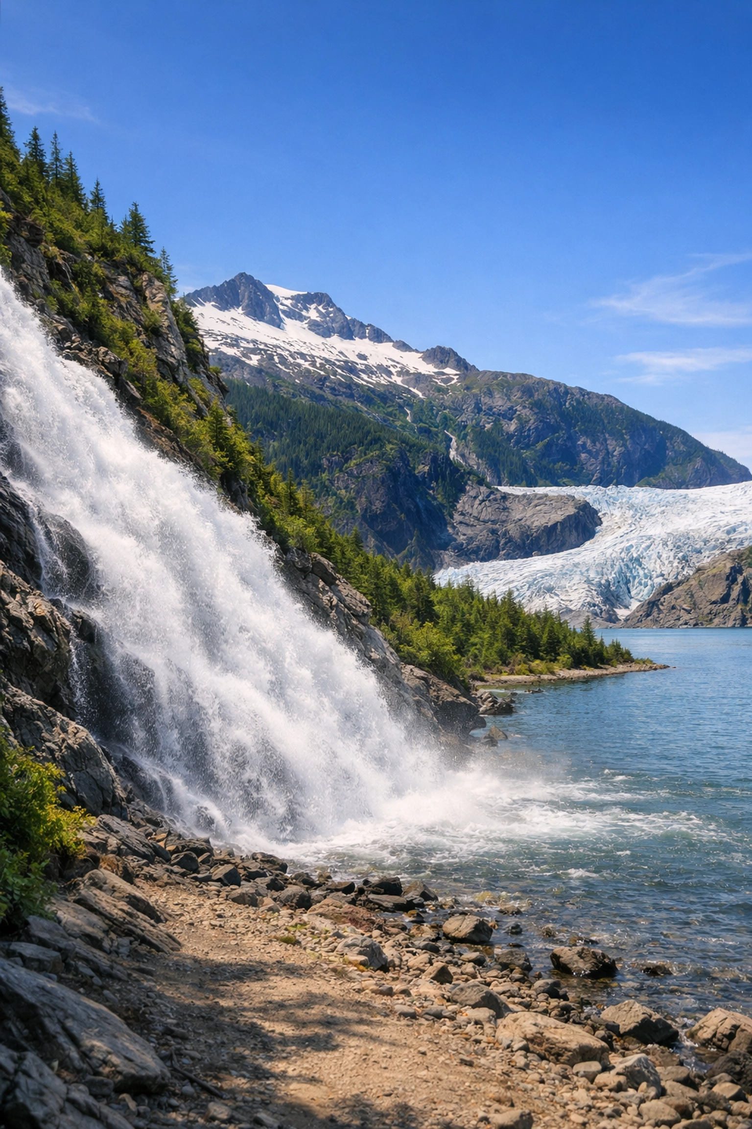 Breathtaking view of Nugget Falls waterfall and Mendenhall Glacier in Juneau, Alaska during a shore excursion.
