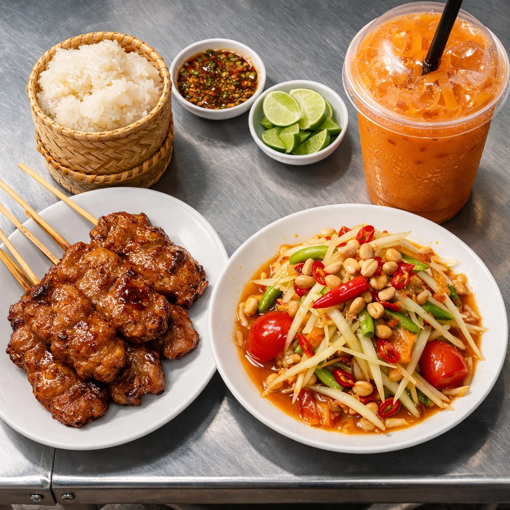 A spread of affordable Thai street food including grilled pork skewers and green papaya salad on a metal table.
