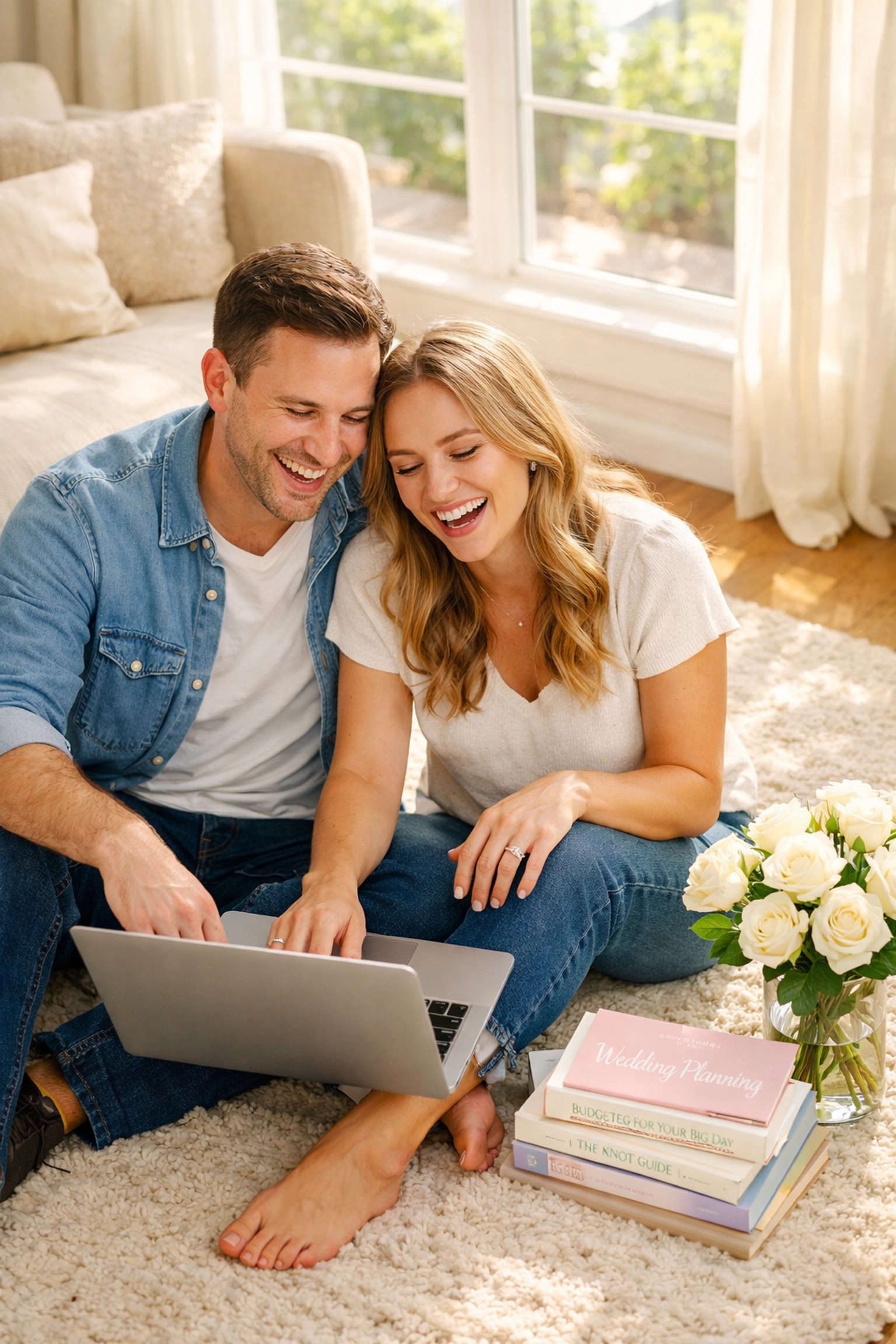 Engaged couple planning their wedding debt-free on a laptop in a bright, sun-drenched living room.