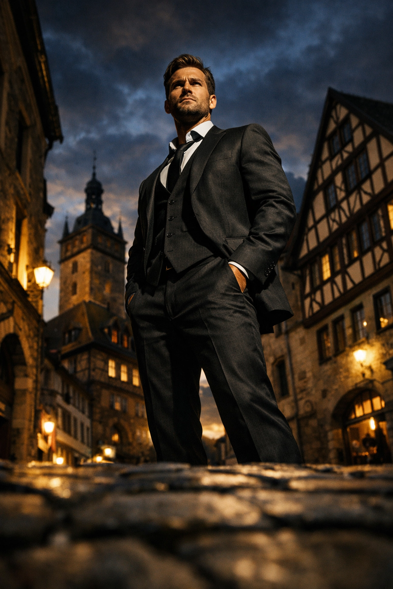 A low-angle portrait photography shot of a man in a suit showing a creative and powerful perspective.
