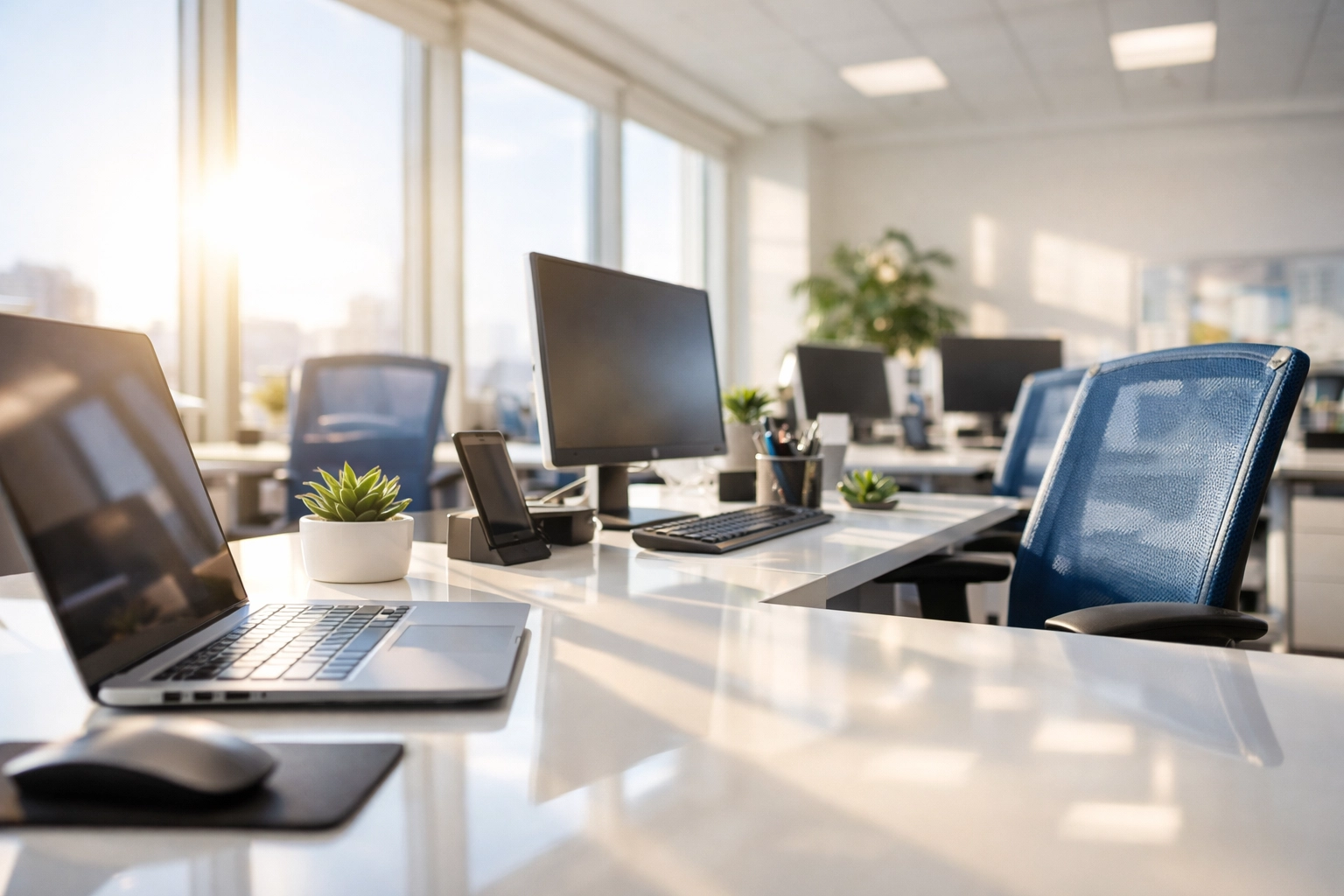 Clean and organized modern office workspace in Middleborough with dust-free desks and streak-free windows.