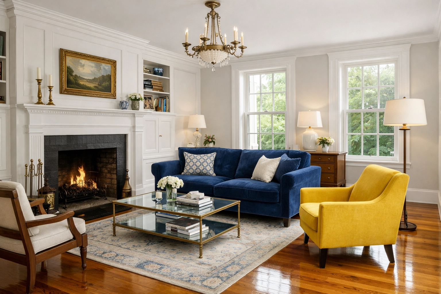 A historic Massachusetts living room restored to a sparkling state through high-quality house cleaning Lowell MA.