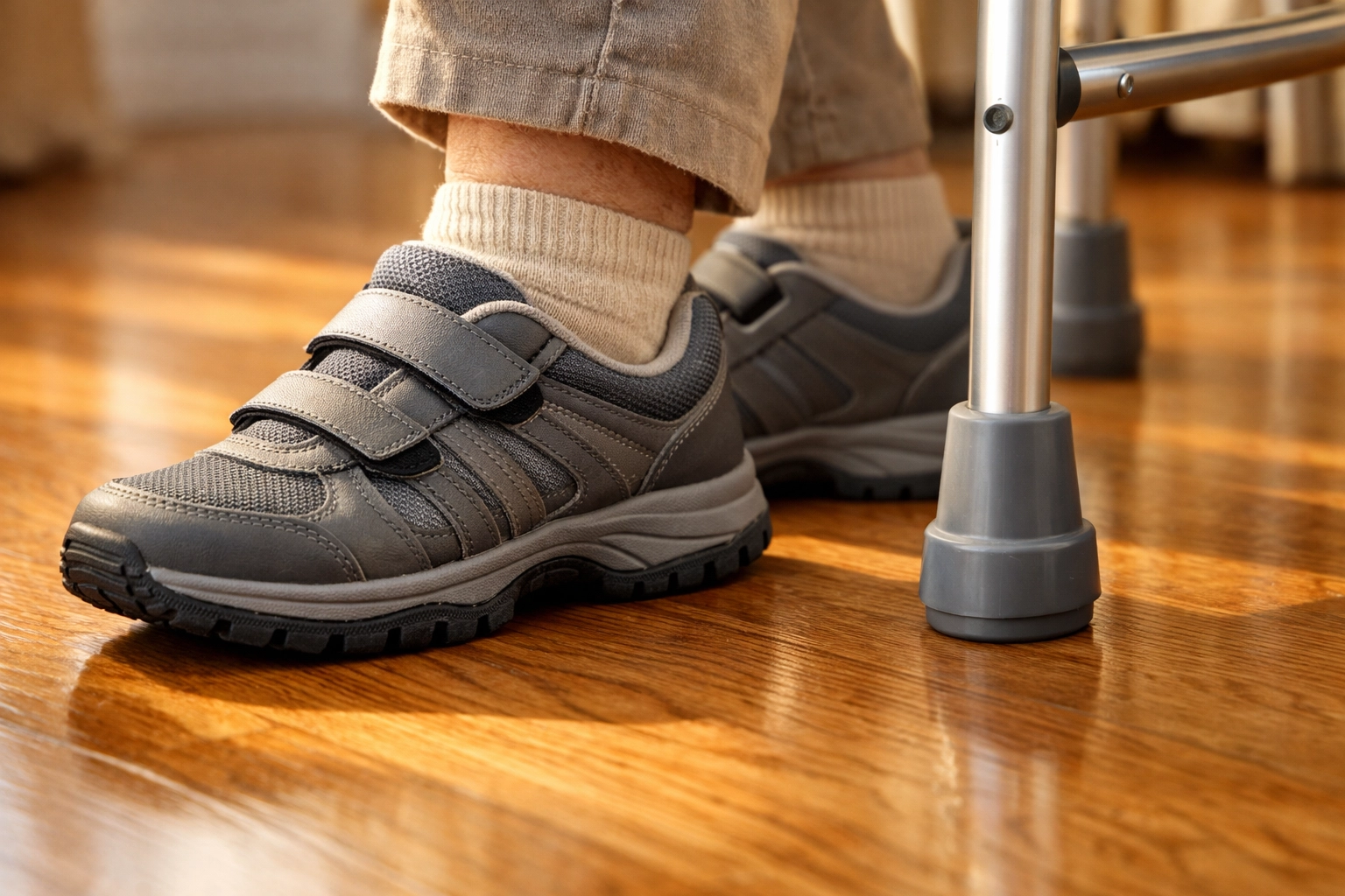 Senior wearing non-slip shoes standing with walker for safe mobility at home