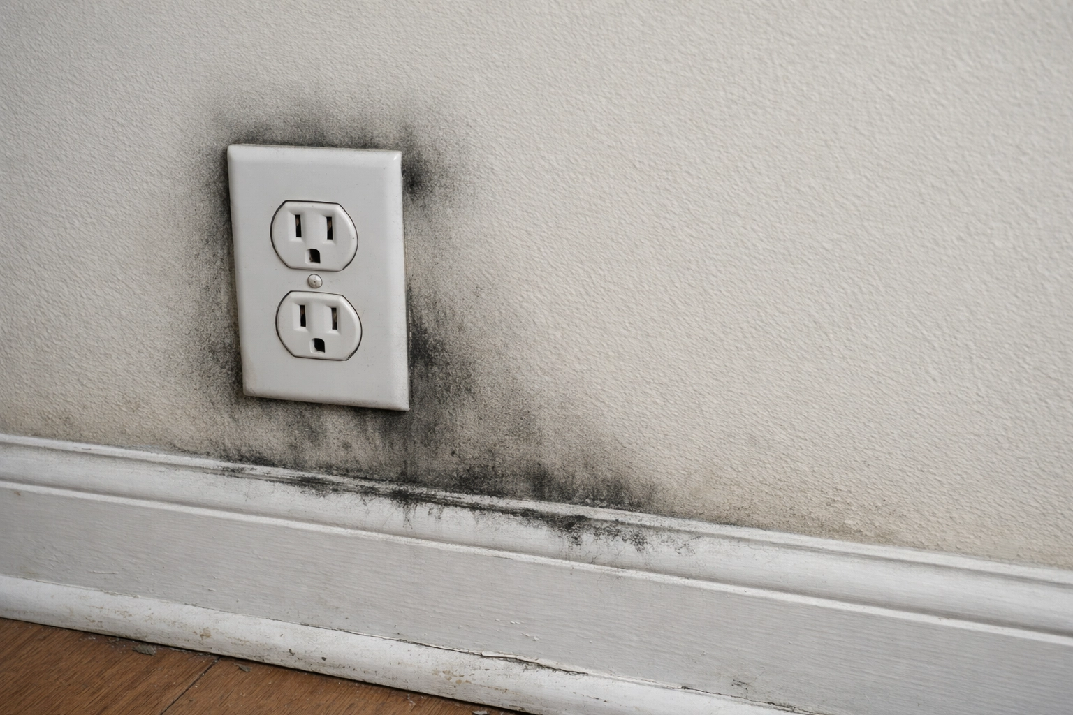 Soot stains around an electrical outlet showing hidden smoke infiltration after a fire in Pineville NC.