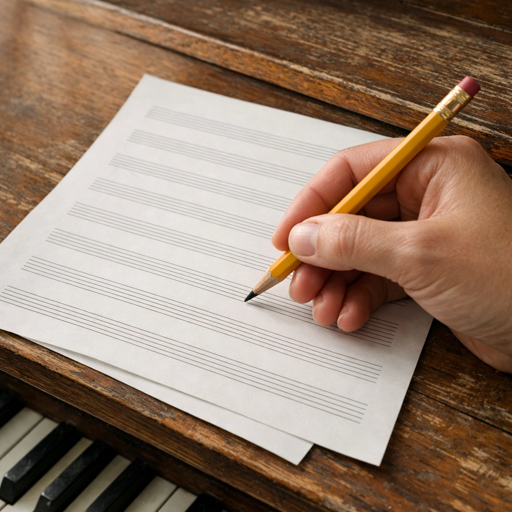 Person writing a new melody on manuscript paper during a music composition lesson at KeyNotes Piano Studio.