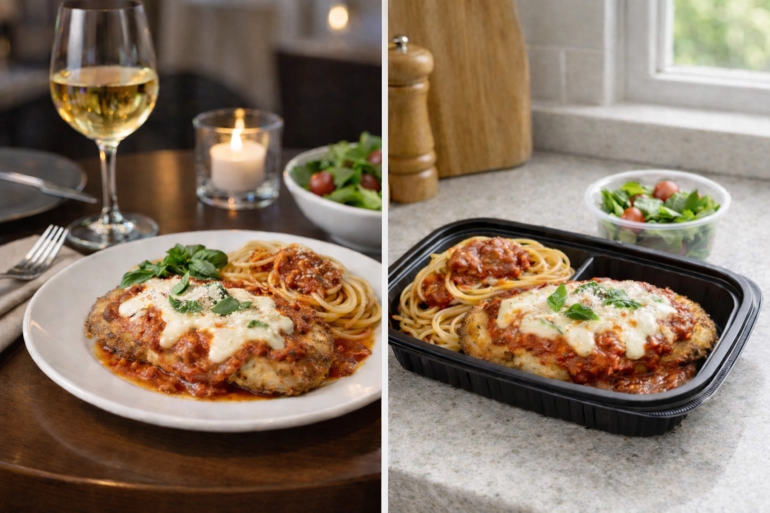 Restaurant comfort food shown plated for dine-in service and packaged for takeout delivery