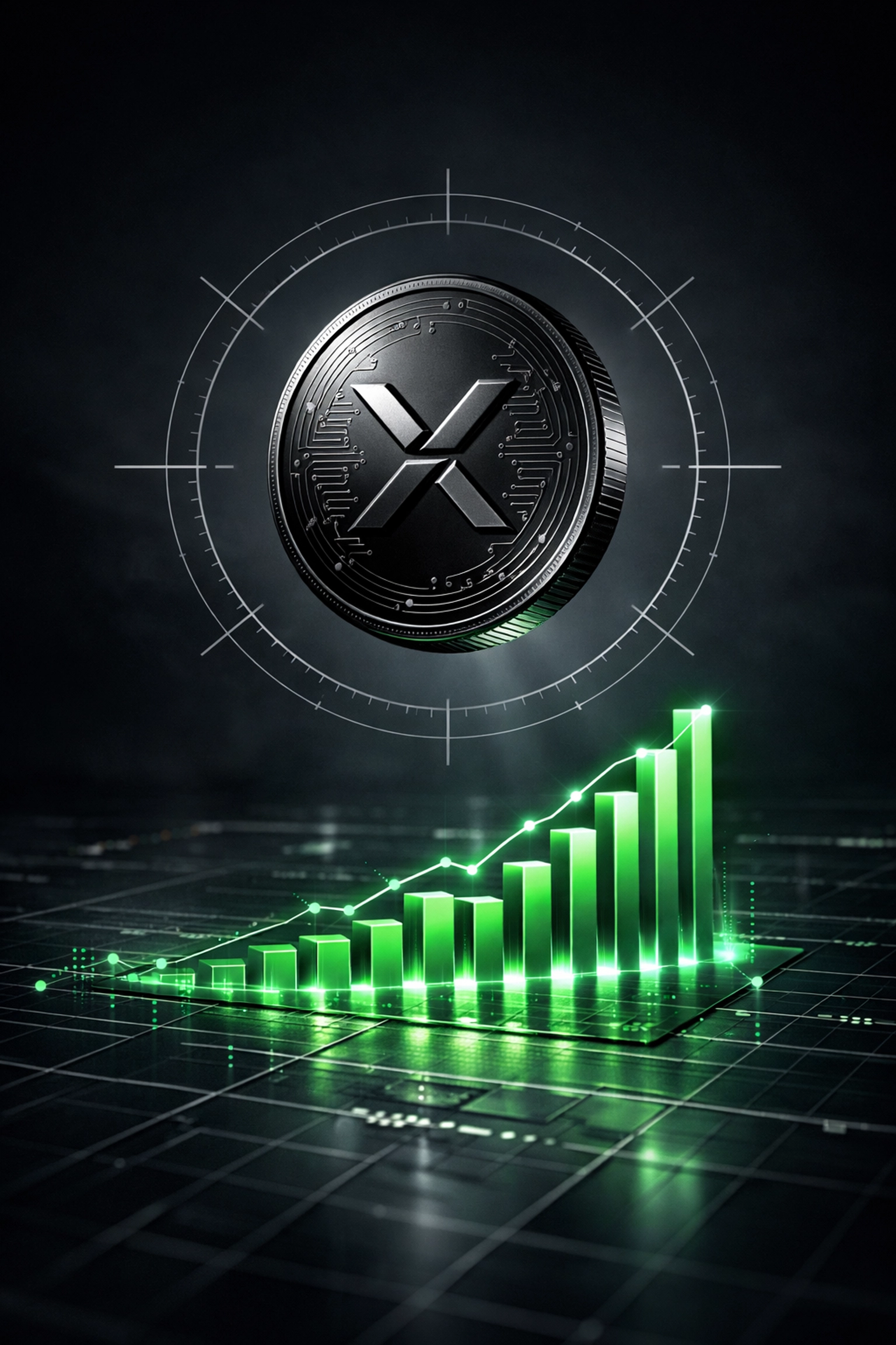 Digital coin over a green data grid representing precise AI-calculated football probabilities.