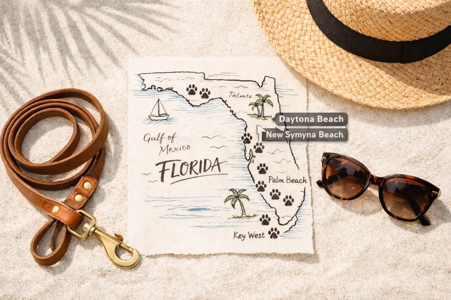 Coastal map showing dog-friendly beach zones in Daytona and New Smyrna Beach.