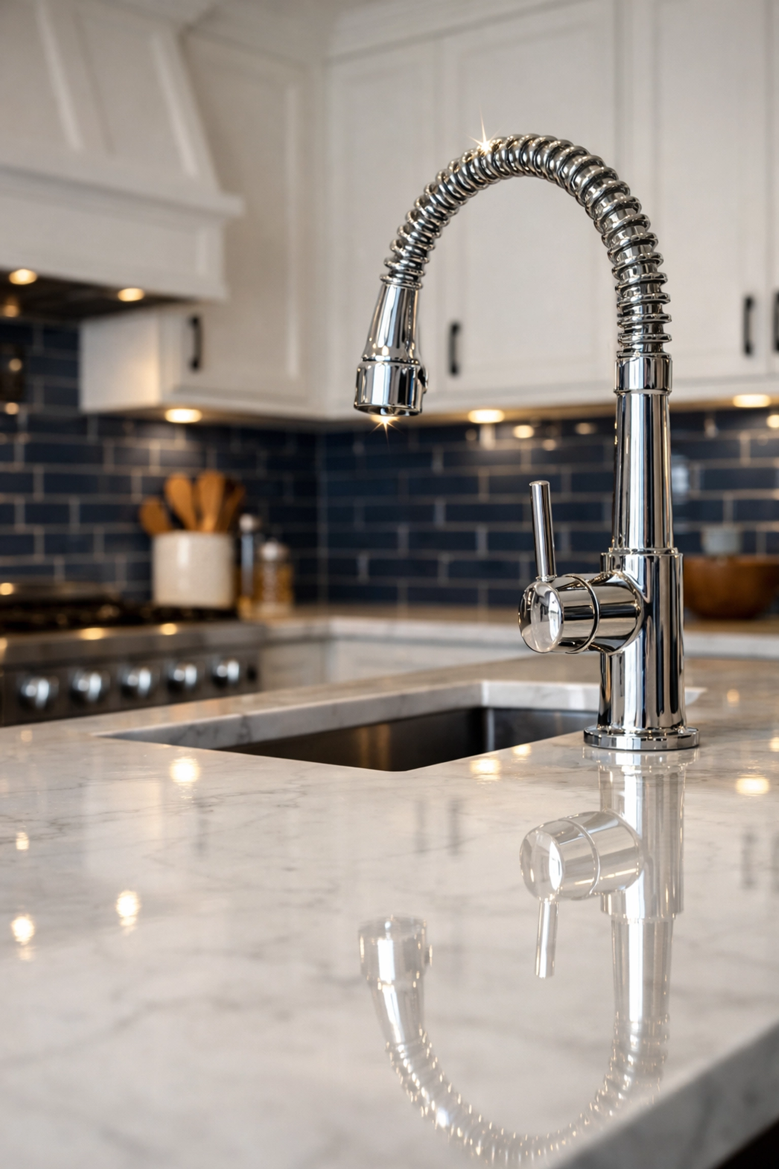 Sparkling clean marble kitchen countertop in a Harvard home after professional deep cleaning.